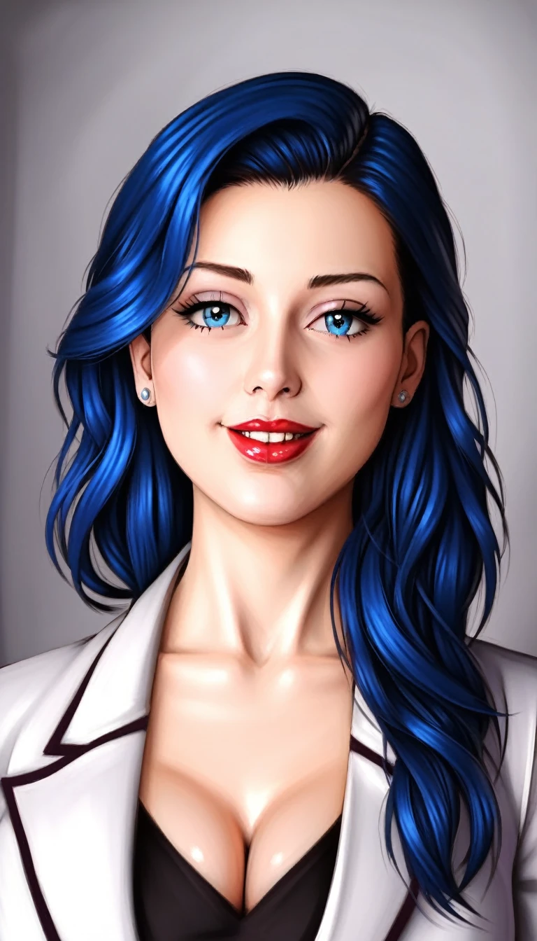 A girl in retro artstyle with blue hair and blue eyes, wearing a white blazer, looking at the viewer with a smile, wearing lipstick, portrait close-up, looking back, (best quality, 4k, 8k, highres, masterpiece:1.2), ultra-detailed, (realistic, photorealistic, photo-realistic:1.37), HDR, studio lighting, vivid colors