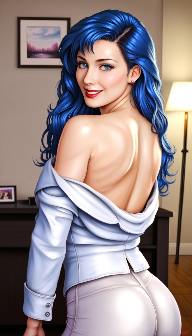 A girl in retro artstyle with blue hair and blue eyes, wearing a white blazer, looking at the viewer with a smile, wearing lipstick, portrait close-up, looking back, (best quality, 4k, 8k, highres, masterpiece:1.2), ultra-detailed, (realistic, photorealistic, photo-realistic:1.37), HDR, studio lighting, vivid colors