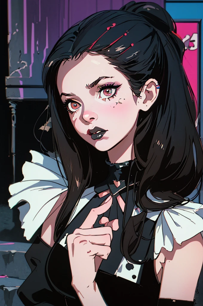 (best quality, masterpiece), 1 Bad Goth Girl, 1980s \(style\), Holding a cigarette and looking at the audience, pin up \(style\), Upper Body,