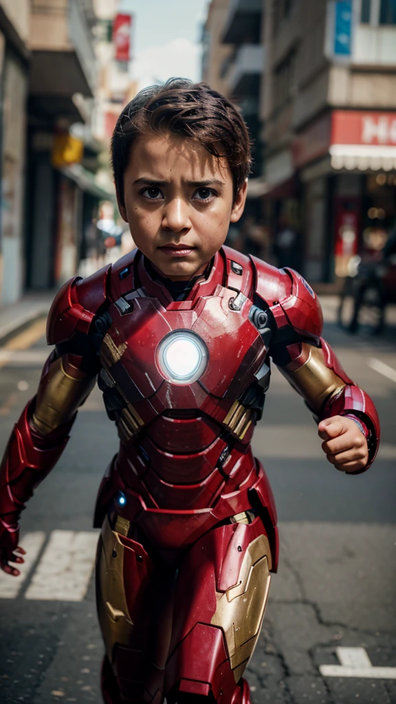 A 3-year-old iron man without a headgear is in action, profesional photo, realistic photo, real photo, clear photo, full HD, 4K