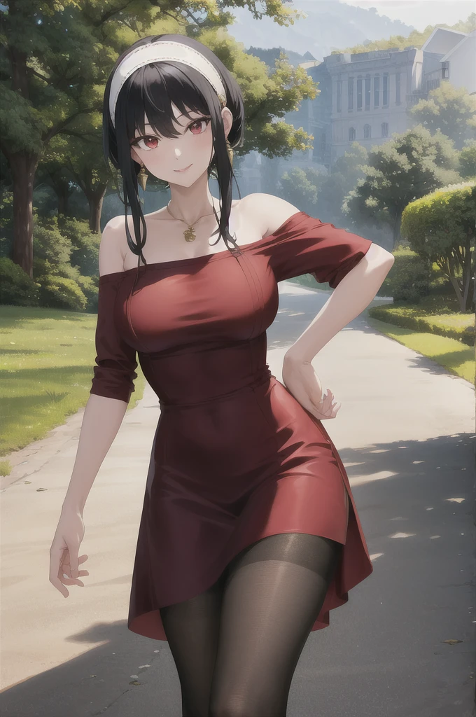 masterpiece, best quality, highres, bbyorf, short hair with long locks, white hairband, red eyes, gold earrings, large breasts, jewelry, off shoulder, black lingerie, black pantyhose, outdoors, standing cowboy shot, smile,