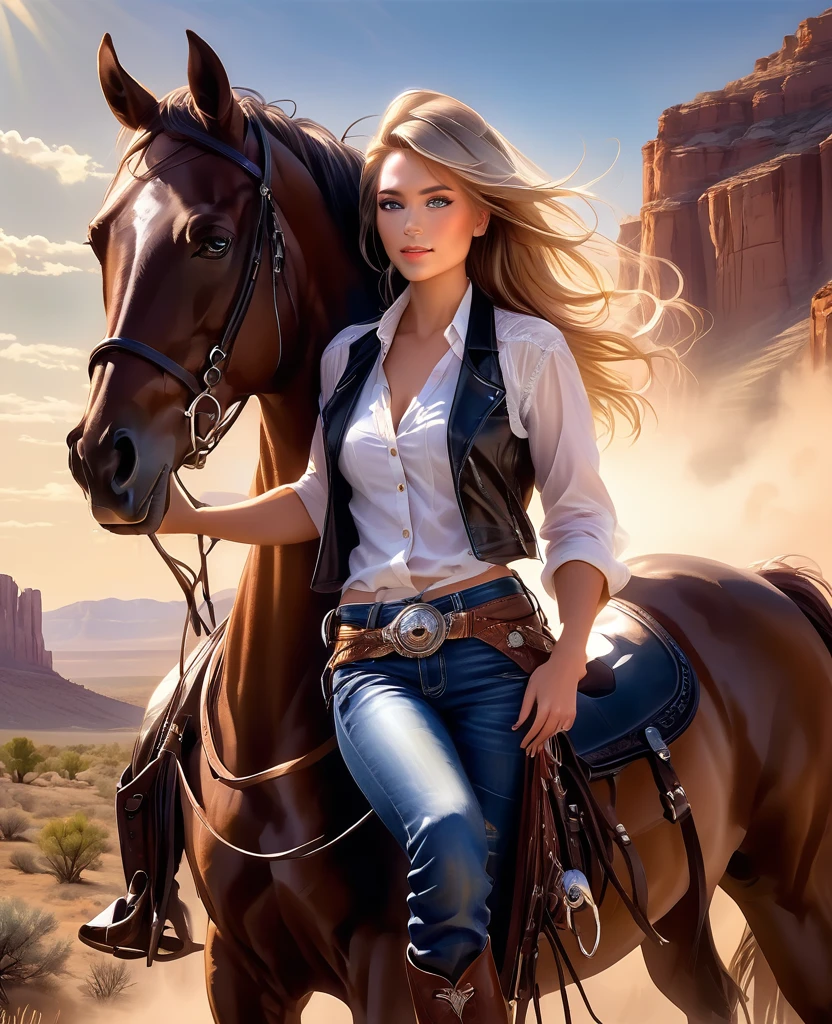 (high quality, high resolution, 8k), detailed oil painting, (1 woman, cowgirl, gunslinger, beautiful brunette with blue eyes, seductive, perfect anatomy, full body, flowing blonde hair, looking at the viewer, wide and seductive smile , with leather vest, white shirt with large neckline, shirt tied at the waist with a knot, low-cut shirt, cowboy belt with silver buckle, jeans, cowboy boots with shiny spurs, 2 revolvers on the waist, holding a Winchester 44 shotgun, star sheriff on his chest, scarf wrapped around his neck), (a black horse, thoroughbred horse, indomitable stallion rearing on two legs, skittish horse, noose tied to the saddle), (old west setting, golden hour, sun rays , beautiful landscape of the old west, leaving a large trail of dust)