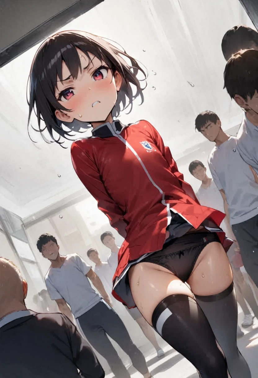 At the gym、exercise、Fitness、spats、training、Showing panties、Girl、Girl、Short、Younger、Lower school year、Baby Face、Both eyes open、flat chest、Glaring、Dynamic Angle、Sweat、sports、Equipment、Wearing clothes、Dynamic Pose、There are a few people behind、masterpiece、best quality、ultra-detail