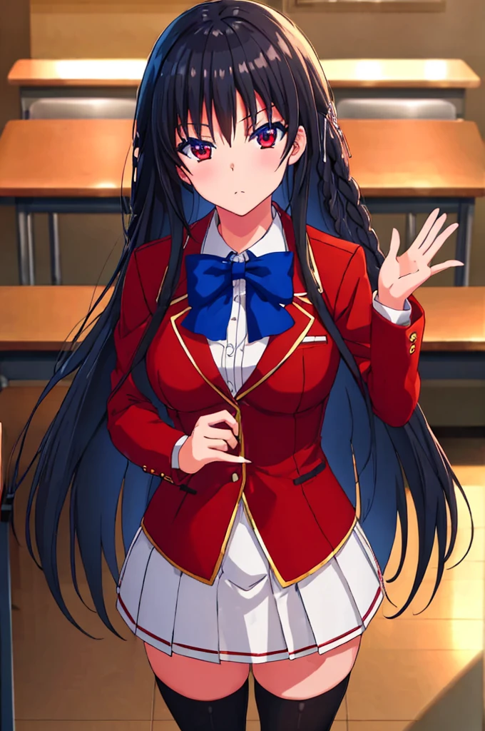 (masterpiece:1.3), (best quality:1.1), (8k, ultra detailed, ultra high res:1.1), ((anime style)), perfect 5 fingers, perfect anatomy, 
1girl,
Suzune Horikita, 
Suzune Horikita \(youjitsu\),
BREAK long hair, braid, 
black hair, 
red eyes, (focus detailed eyes:1.2), 
blue bow, 
medium breasts, 
red jacket, long sleeves, white skirt, pleated skirt, black thigh-high socks, 
looking at viewer, 
cowboy shot, 
indoor, class room, 