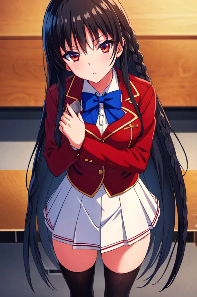 (masterpiece:1.3), (best quality:1.1), (8k, ultra detailed, ultra high res:1.1), ((anime style)), perfect 5 fingers, perfect anatomy,
1girl,
Suzune Horikita,
Suzune Horikita \(youjitsu\),
BREAK long hair, braid,
black hair,
red eyes, (focus detailed eyes:1.2),
blue bow,
medium breasts,
red jacket, long sleeves, white skirt, pleated skirt, black thigh-high socks,
looking at viewer,
cowboy shot,
indoor, class room,