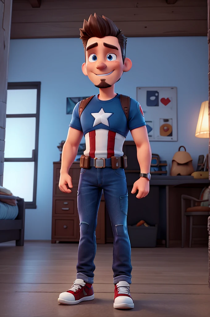 white man, 40 years old, with a bad goatee, short spiky hair, blue Captain America t-shirt, jeans, black sneakers, High definition, Pixar 3D Style, with a shy smile