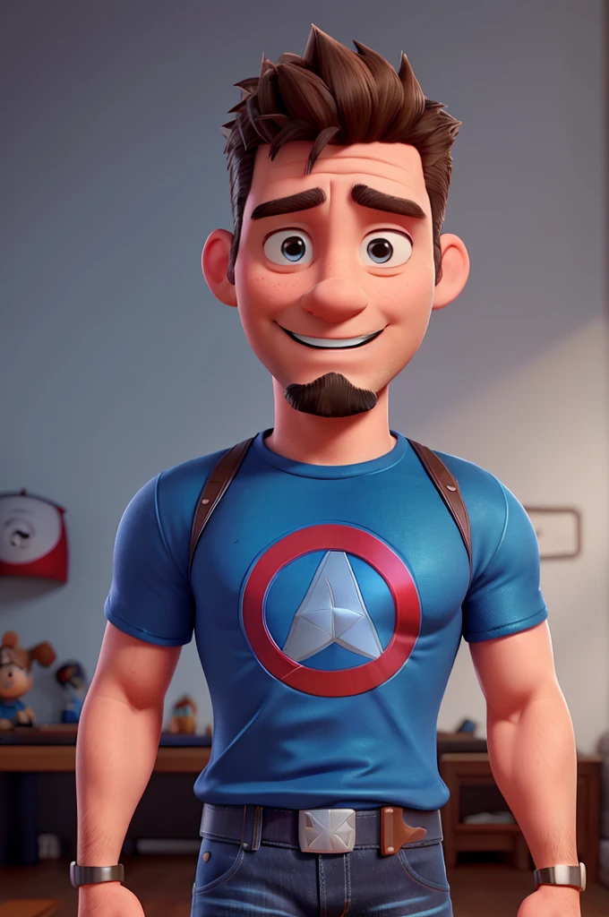 white man, 40 years old, with a bad goatee, short spiky hair, blue Captain America t-shirt, jeans, black sneakers, High definition, Pixar 3D Style, with a shy smile