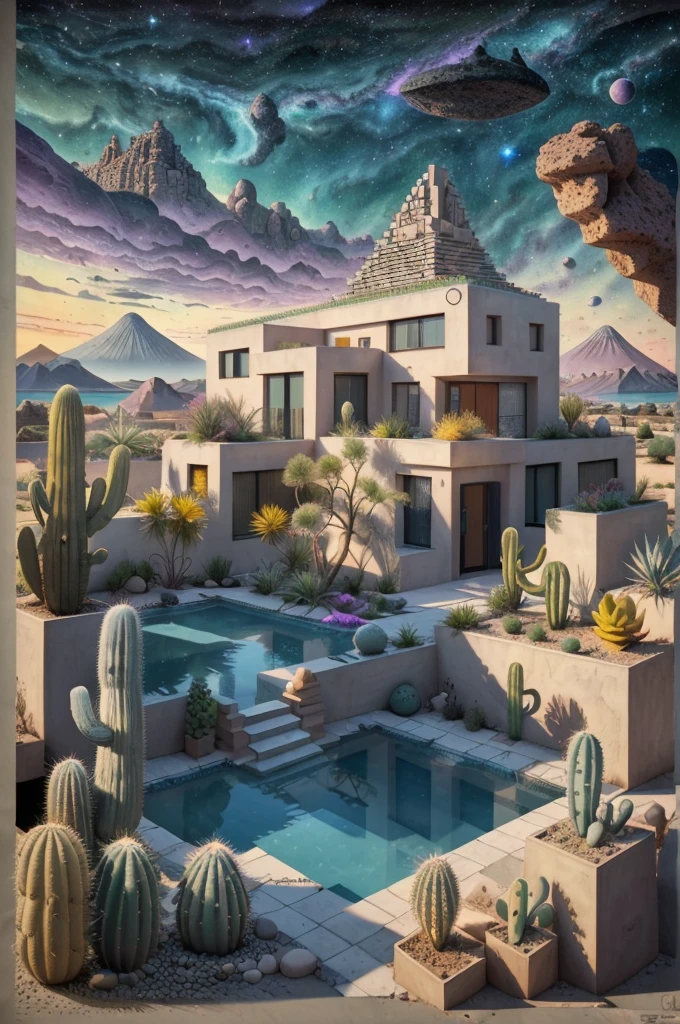 An illustration, collage style, David Hockney visual style, (((Luis Barragán's architectural style houses in middle of a lake))), big boulders, little cascade, mountains, volcanos, volcanic landscape, pool, stairs, beautiful gardens, abundant vegetation, cacti, agave, big clouds, sunset. Magazine cover, serif tipography, editorial design, masterpiece, An illustration in collage style, con rocas gigantes, Brutalist construction sections, escaleras, cactus, agave, textura de concreto, Multiple geometric shapes, hatch and cross hatching, planeta Saturno. ((masterpiece, best quality)),illustration,ultra detailed 8k. (((An illustration of a build designed by Luis Barragán))), with a desertic vegetation garden, (big rocks), ((cacti)), lake, volcano in horizon, smooth clouds, (((illustration collage format))), ((Escher's art style)), (((multiple sections))), (violet, blue, olive green, grey, black and white), hard shadows, (((geometric sculptures))), concrete sculptures, high contrast, dramatic, cinematographic, ((milky way galaxy)), intricate, intricate details, sharp focus,landscape
