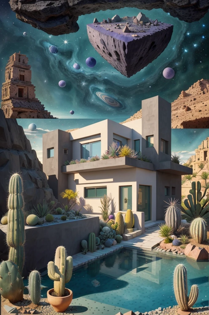 An illustration, collage style, David Hockney visual style, (((Luis Barragán's architectural style houses in middle of a lake))), big boulders, little cascade, mountains, volcanos, volcanic landscape, pool, stairs, beautiful gardens, abundant vegetation, cacti, agave, big clouds, sunset. Magazine cover, serif tipography, editorial design, masterpiece, An illustration in collage style, con rocas gigantes, Brutalist construction sections, escaleras, cactus, agave, textura de concreto, Multiple geometric shapes, hatch and cross hatching, planeta Saturno. ((masterpiece, best quality)),illustration,ultra detailed 8k. (((An illustration of a build designed by Luis Barragán))), with a desertic vegetation garden, (big rocks), ((cacti)), lake, volcano in horizon, smooth clouds, (((illustration collage format))), ((Escher's art style)), (((multiple sections))), (violet, blue, olive green, grey, black and white), hard shadows, (((geometric sculptures))), concrete sculptures, high contrast, dramatic, cinematographic, ((milky way galaxy)), intricate, intricate details, sharp focus,landscape