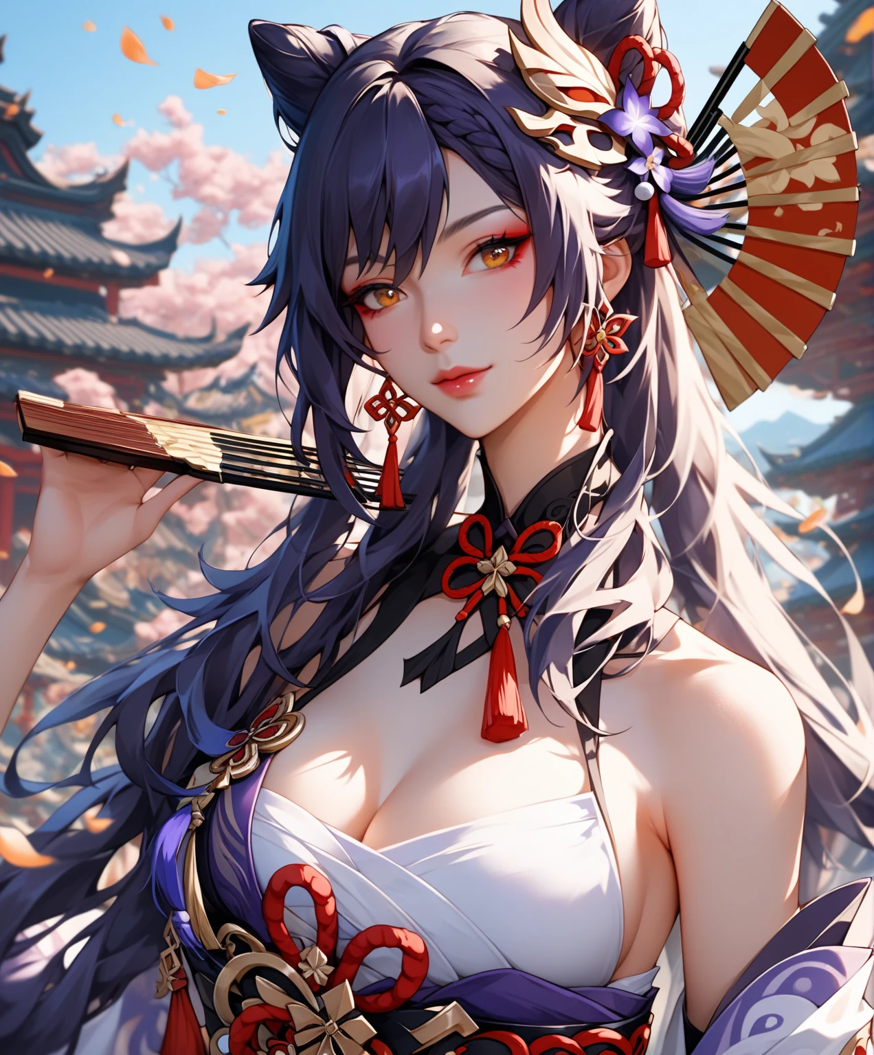 ((Highest quality)), ((masterpiece)), (detailed), One girl, セクシー
Here is the English translation of the prompt:
Prompt:
"Depict a Japanese street with dimly lit lanterns in the background, and in the foreground, portray a glamorous woman in traditional Japanese clothing. She has pink hair adorned with luxurious hair ornaments (red and green flowers, golden decorations). Her eyes are gold and red, highlighted with vivid pink eyeshadow. Her lips are red and slightly glossy. The woman is holding a long, Thin Kiseru (Japanese smoking pipe) in one hand and is gazing towards the camera. Her kimono features traditional floral patterns, creating an overall fantastical and beautiful atmosphere. She is wearing headphones. The girl has long pink hair."
He is lying on one elbow.
Look at me, Palm up, and feel like I'm inviting you, as if I'm doing a camorn.