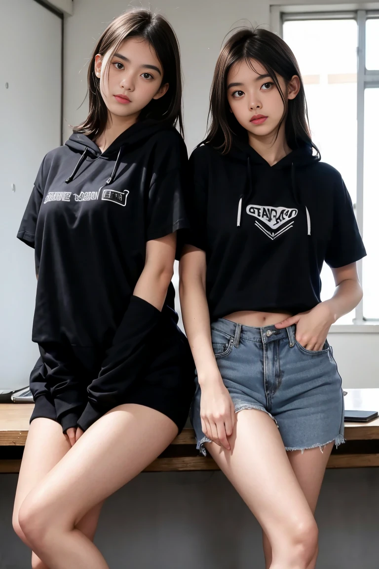 deux femmes ensemble de 18 ans sexy et mince , black short sleeve hoodie , salle de classe, se touche,position sey,sensuel