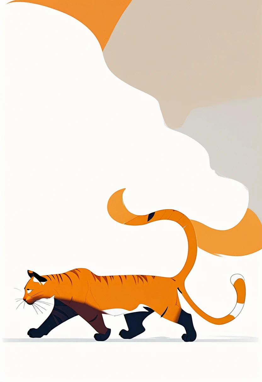 White background，Minimal Art，abstract，Orange cat，walk，The same posture，Tiger Shadow Projection，Well-proportioned body，Showing that even weak lives have powerful psychological emotions