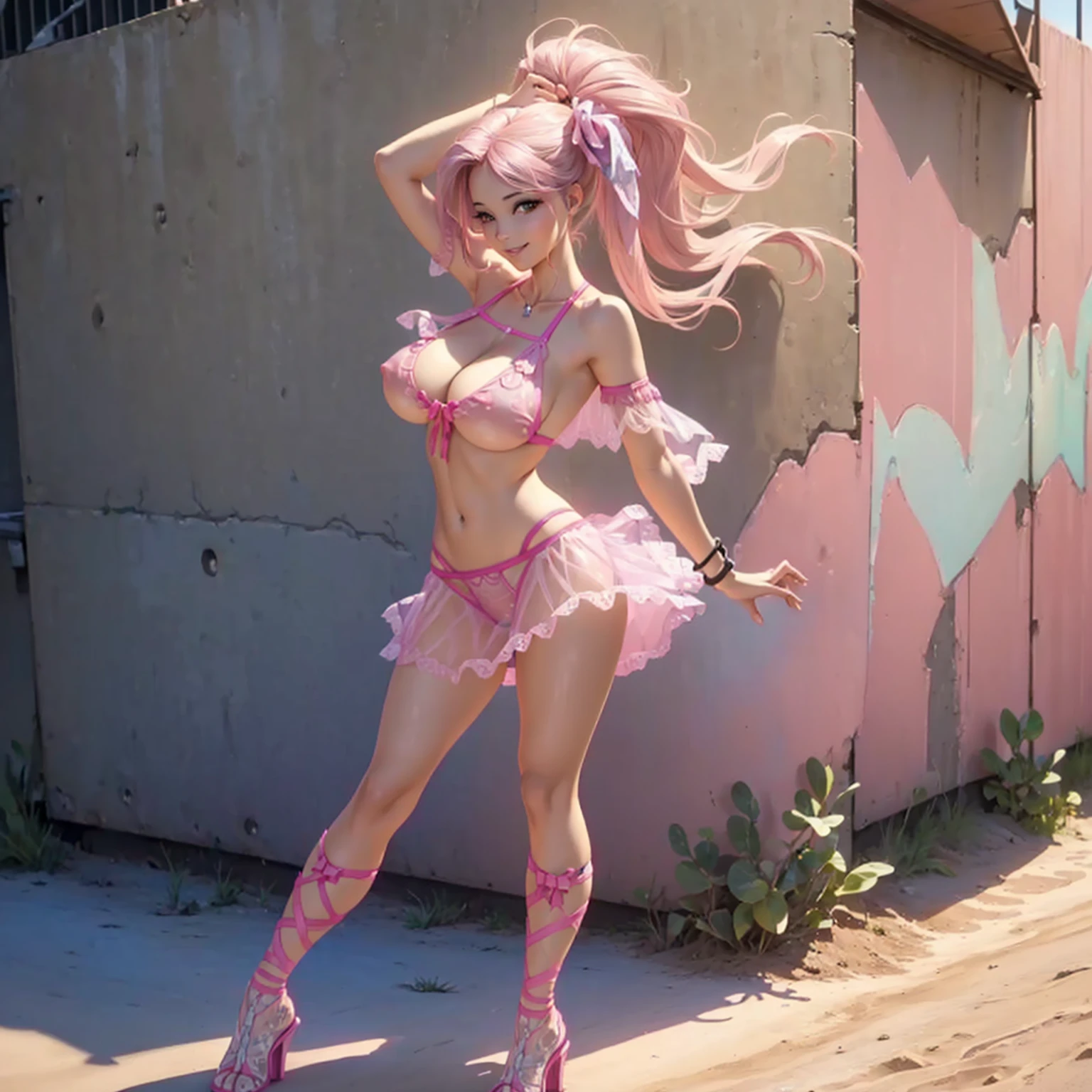 fluttershy as a girl , female body , Slender body , (((((wind blowing))))), out door ,(((desert))), (river in background) , (((standing next to wall showing her butt))), (((posing))), (((happy smile))) ,(((wear pink sheer lace transparent see through bikini))) , ((((upskirt)))), (((lewd and erotic)))) , (((bare legs))) ,((( lust in her face))) , wear high heels , (((full body is visible))) , (((sexy pose))) , sexy face, bracelets , (((perfect big breasts))) , lush breasts , Bulky Breasts , voluminous breasts ,(((peeping the viewer)))