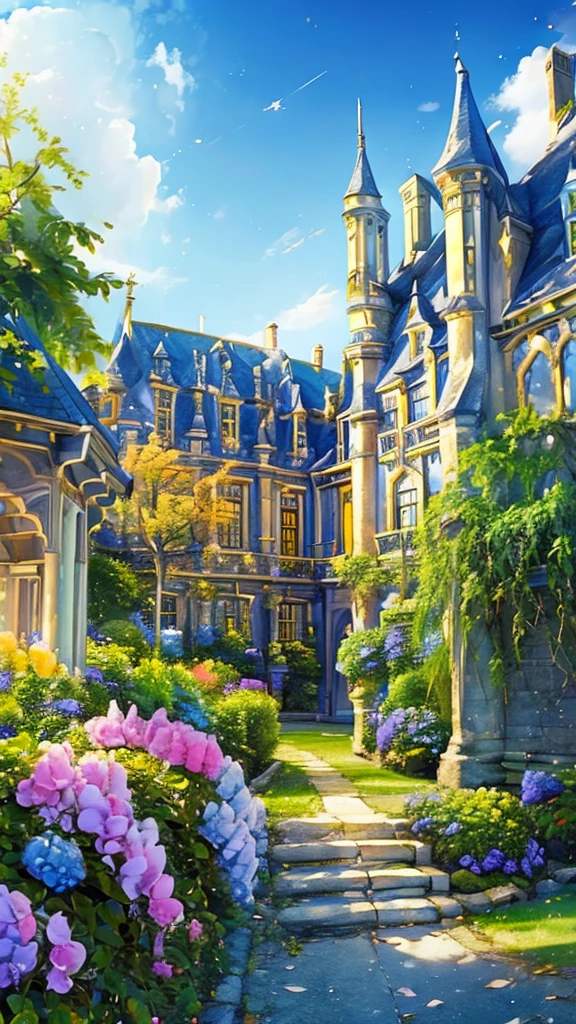 (((masterpiece))), (((best quality))), A magical academy building, front view, blue sky, colorful hydrangea, trees, ivy, bush, classic bulding