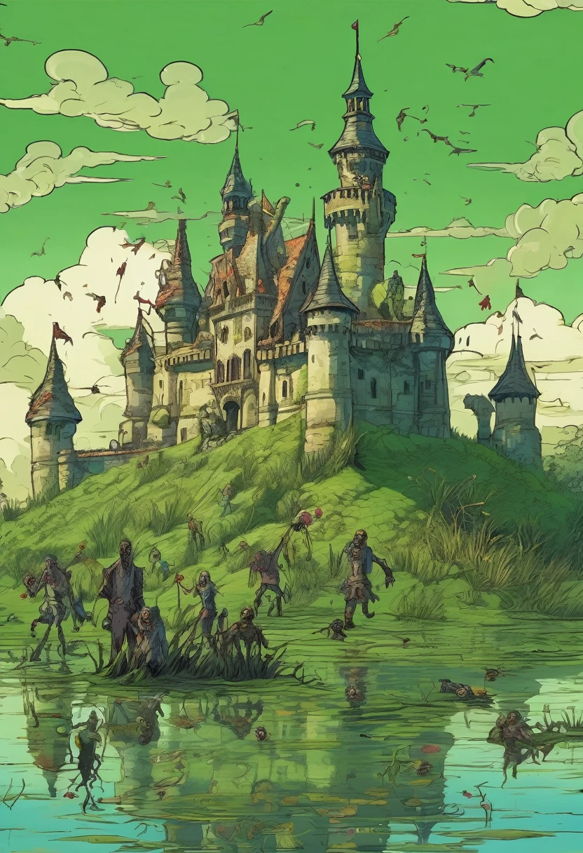 2D, castle floating on a swampy lake, there are zombies emerging from the water, some zombies stretch their hands wanting to reach the castle, zombies look slimy, greenish swamp, baroque style medieval castle with a jovial appearance.