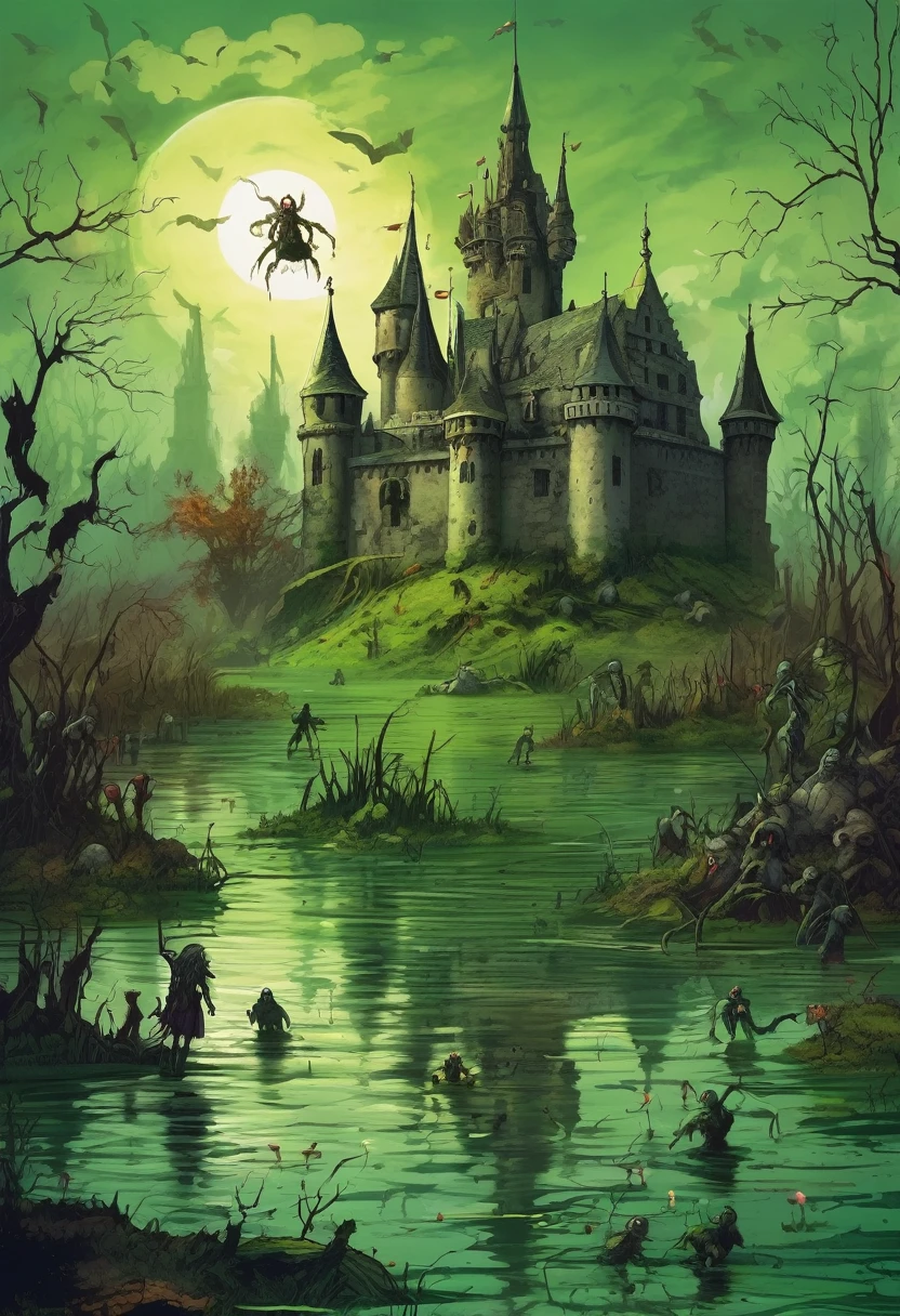 2D, castle floating on a swampy lake, there are zombies emerging from the water, some zombies stretch their hands wanting to reach the castle, zombies look slimy, greenish swamp, baroque style medieval castle with a jovial appearance.