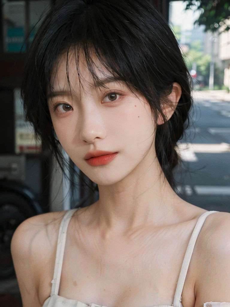 (smooth skin textures:1.3), Lipstick, Upper body,Upper Body,background, earrings, serene, calm, (Dress conservatively:1.6),(Realistic and detailed eyes:1.2), Natural skin texture, Realistic facial details, Soft dramatic lighting, Vivid details, outdoor, (Photo Practical:1.4), (hyper Practical:1.4), (Practical:1.3), (Improve lighting quality:0.9), (Highest quality real skin textures:1.4), (Enhance the beauty of skin texture:1.1), Hair details, model, short hair, Moles under the eyes, Portrait Photography, Depth of Field, Bokeh, Surrealism, Ray Tracing, (Portrait Photography:1.1), Surrealism, High Detail, Chiaroscuro, Ray Tracing, reflected light, Ultra HD, Ultra HD, masterpiece, Textured Skin, Super Detail, High Detail, high quality, best quality