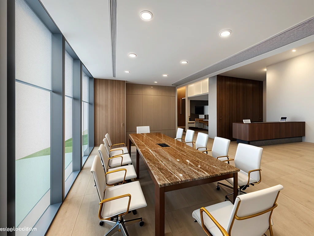 Office design in modern style, daylight, brown marble floor, WHITE WALL, 1 frame glass wall 1.8, glass wall 1.8, 1 conference table with 12 chairs, flowers on the table, flat white painted ceiling 1.2, 2 LED lights 1.8 rail lights, 1 table corner, sharp images, realistic light, luxurious feel, extremely detailed