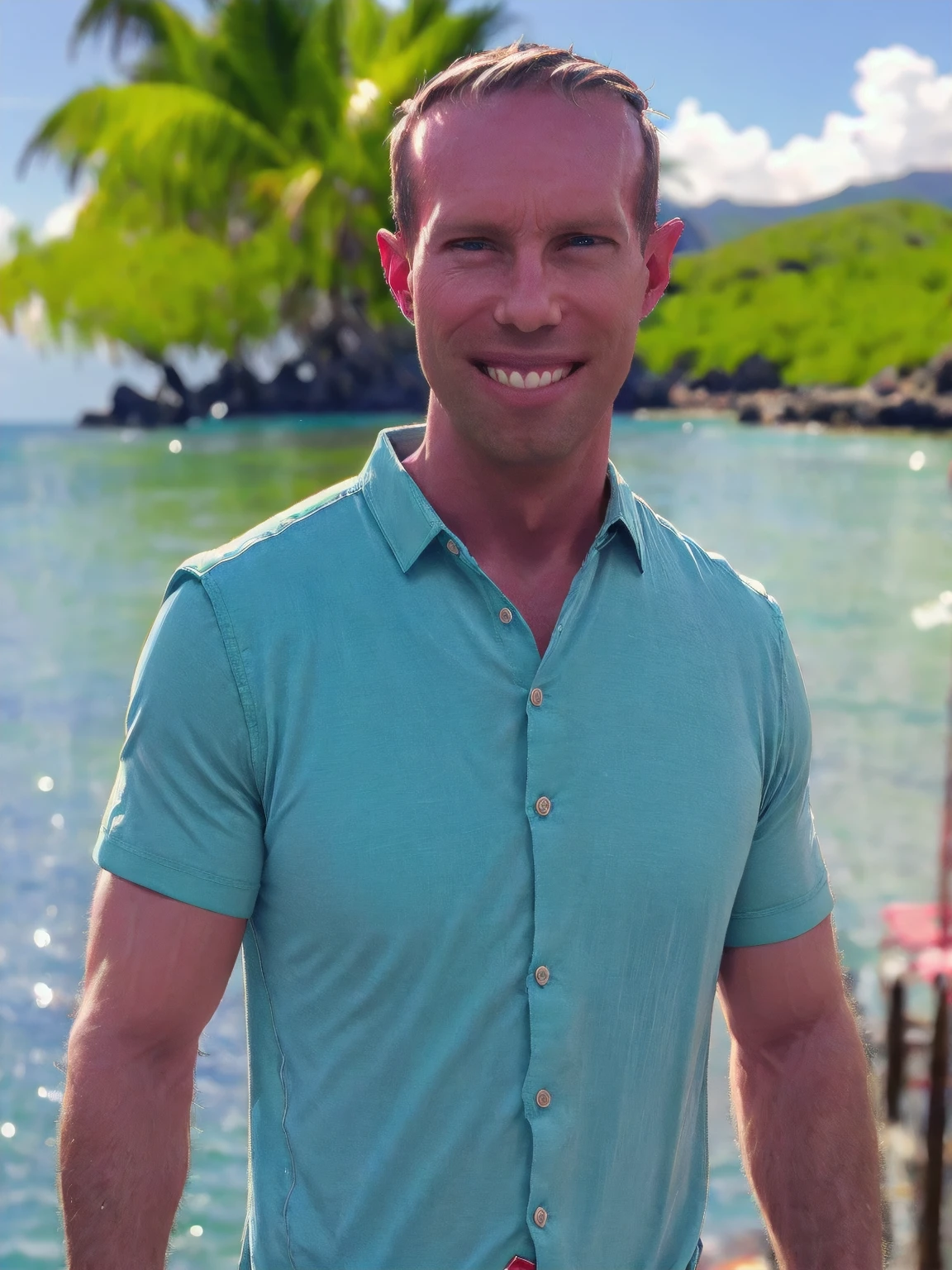 a man, Todder8, Todder1 short hair, perfect skin, RAW, UHD, 8K, looking at camera, on a yacht at sea, vacation photography, island paradise, colorful Hawaiian shirt, photorealistic, dynamic lighting, perfect day, [smiling]