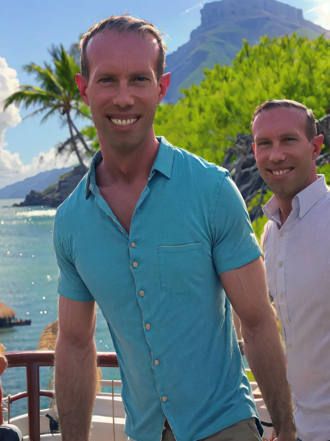 a man, Todder8, Todder1 short hair, perfect skin, RAW, UHD, 8K, looking at camera, on a yacht at sea, vacation photography, island paradise, colorful Hawaiian shirt, photorealistic, dynamic lighting, perfect day, [smiling]