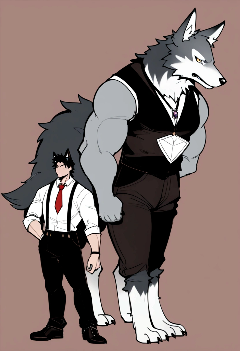 Tall, moderately muscular, wolf, anthro, furry, gray fur, white shirt on wolf, red tie on wolf, suspenders on wolf, black trousers on wolf, happy. Short Human man nearby, grumpy, casual outfit, dark hair, white skin, moderate size difference.