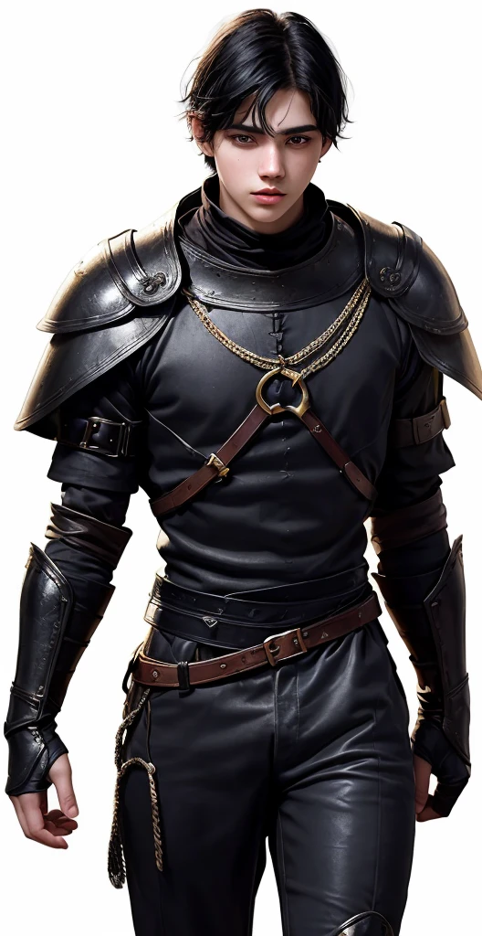 18 year old young man, medieval clothing, old clothes. black hair, black eyes, white skin, realistic skin, standing pose, portrait, realistic skin, 4k, beatifull face, short and straight hair