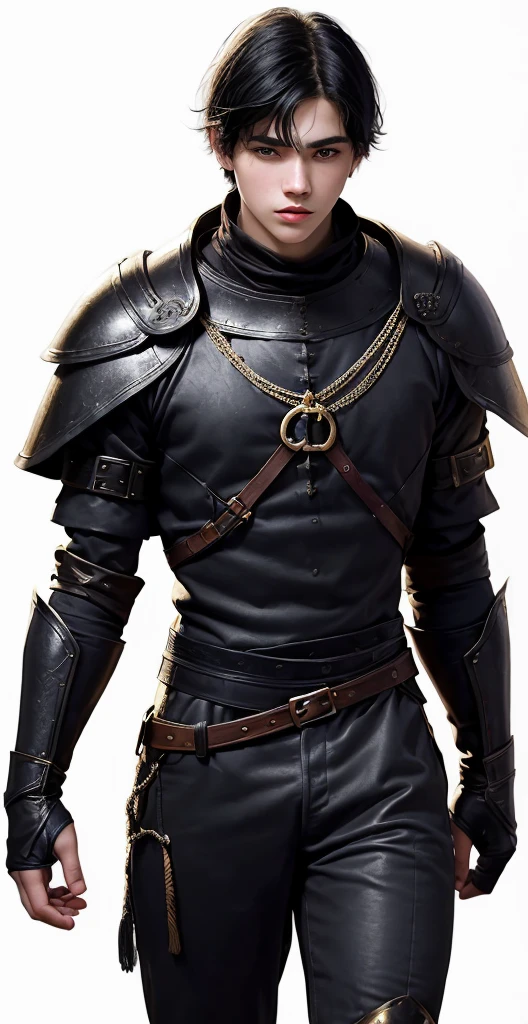18 year old young man, medieval clothing, old clothes. black hair, black eyes, white skin, realistic skin, standing pose, portrait, realistic skin, 4k, beatifull face, short and straight hair