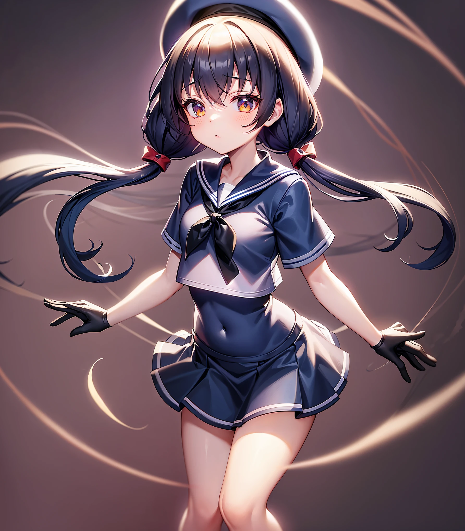 (Sailor suit),(((Navy Mini Skirt))),(((Revealing clothing))),In a naughty way,beret,,Cute little ,Tiny ,Small girl,,Childish face, Very fine clean face,Top quality, Big eyes,Straight Hair,Yellow hair,Crimson Eye,(Dark Room), Subtle light, Natural light,Soft lighting,Light from directly behind, (Are standing), Cute pose, (Open your hands), Showing the whole body,Front view,Black background