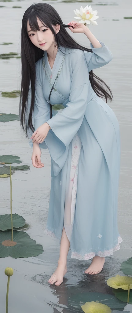((4k,masterpiece,best quality)), shuimobysim, traditional chinese ink painting, lotus, hanfu, maxiskit, dress conservatively
1girl, solo, long blue hair, smile, standing, feet in the water, barefoot,