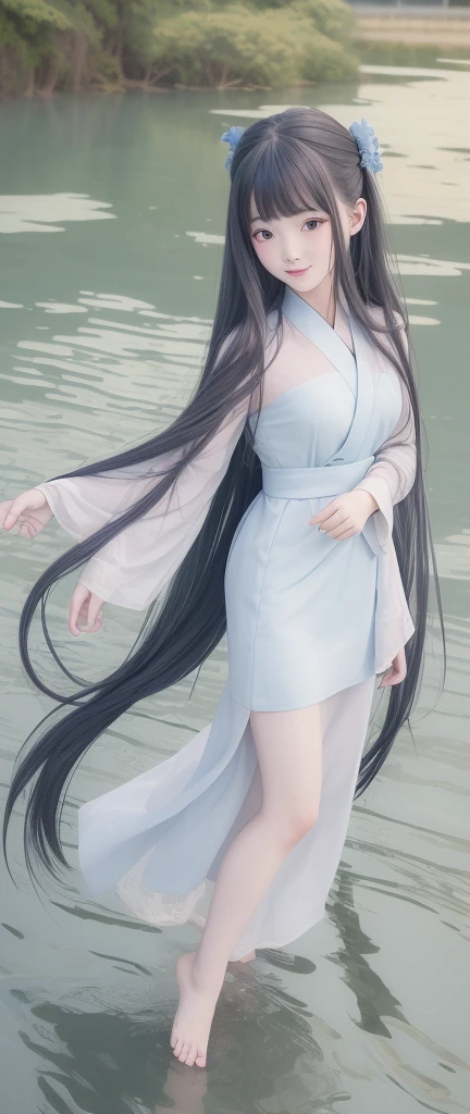 ((4k,masterpiece,best quality)), shuimobysim, traditional chinese ink painting, lotus, hanfu, maxiskit, dress conservatively
1girl, solo, long blue hair, smile, standing, feet in the water, barefoot,