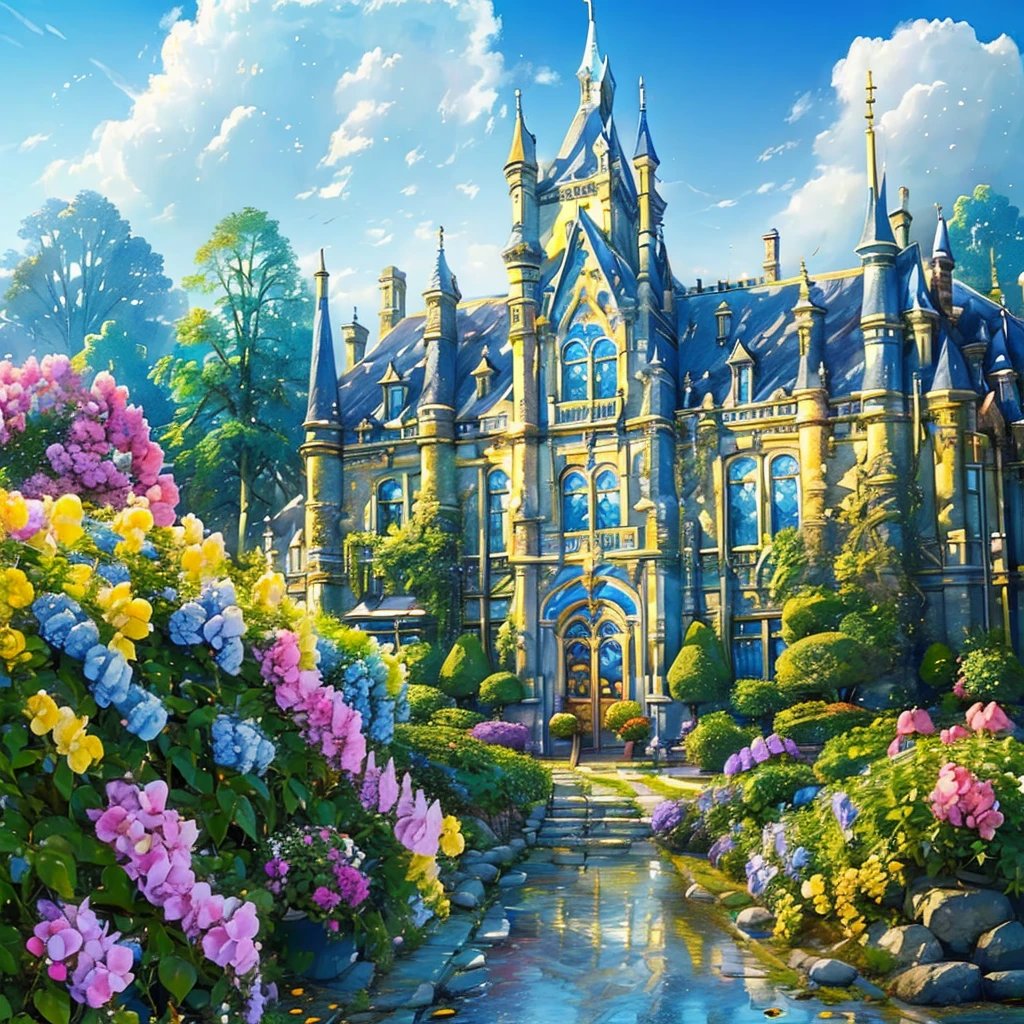 (((masterpiece))), (((best quality))), A magical academy building, front view, blue sky, colorful hydrangea, trees, ivy, bush, classic bulding