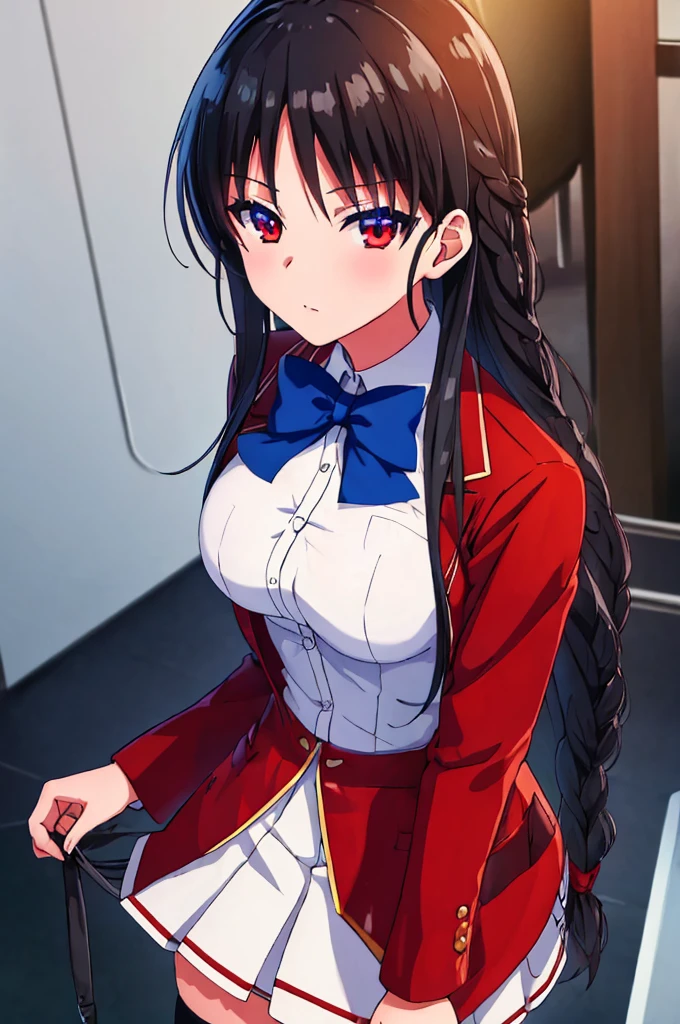 (masterpiece:1.3), (best quality:1.1), (8k, ultra detailed, ultra high res:1.1), ((anime style)), perfect 5 fingers, perfect anatomy, perfect  finger, 
1girl,
Suzune Horikita, 
Suzune Horikita \(youjitsu\),
BREAK long hair, braid, 
black hair, 
red eyes, (focus detailed eyes:1.2), 
blue bow, 
medium breasts, 
red jacket, long sleeves, white skirt, pleated skirt, black thigh-high socks, 
looking at viewer, 
cowboy shot, 
indoor, class room, 