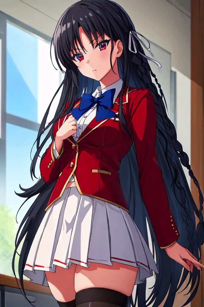 (masterpiece:1.3), (best quality:1.1), (8k, ultra detailed, ultra high res:1.1), ((anime style)), perfect 5 fingers, perfect anatomy, perfect finger,
1girl,
Suzune Horikita,
Suzune Horikita \(youjitsu\),
BREAK long hair, braid,
black hair,
red eyes, (focus detailed eyes:1.2),
blue bow,
medium breasts,
red jacket, long sleeves, white skirt, pleated skirt, black thigh-high socks,
looking at viewer,
cowboy shot,
indoor, class room,