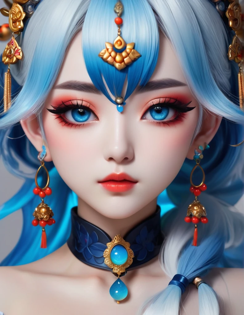 quality(8k wallpaper of extremely detailed CG unit, ​masterpiece, hight resolution, top-quality, top-quality real texture skin,hyper realisitic, digitial painting,increase the resolution,RAW photos，best qualtiy,highly detailed,the wallpaper),BREAK,8K, onmyoji-style art Light, full face, mixed color eyes, Chibi, colorful makeup, white skin, blue  hair,  jewelry, tattoos, mask