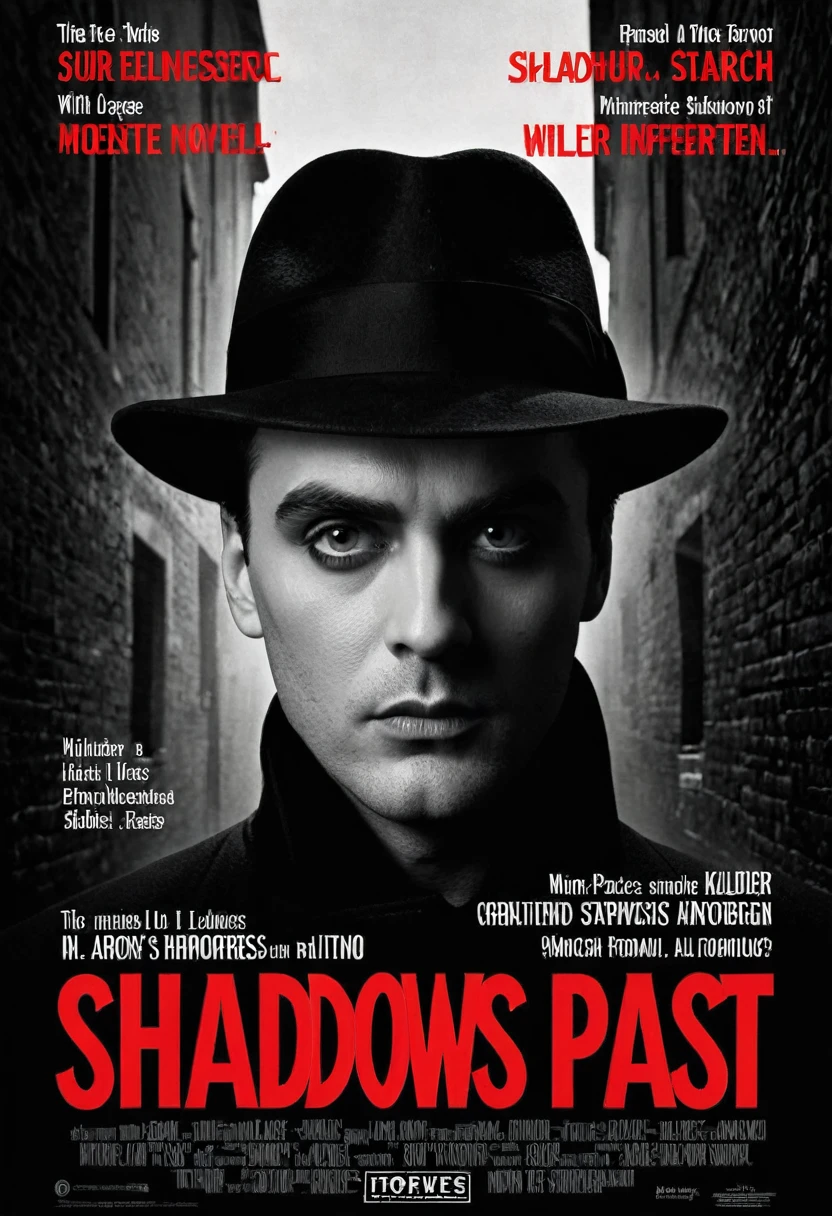 "Swearing"
**Poster Description:**
The background is dark and enigmatic, almost like a starless night. At the center, there is the figure of a murderer, dressed in a black overcoat and fedora hat, whose face is partially obscured by shadows, increasing the mystery around you. Dramatic lighting creates strong contrasts between light and shadow, highlighting only part of his face and the piercing eyes that seem to follow the viewer.
Above the killer, in gothic and red letters, is the title "Shadows from the past", evoking a feeling of suspense and nostalgia. Na parte inferior, in smaller letters, the credit "A horror film from the 60s" reinforces the retro style, but with a modern design touch.
in the bottom right corner, a subtle detail of a dark silhouette in a dark alley, hinting at imminent danger and the film's ominous atmosphere. The poster as a whole conveys a sense of mystery, shadows and intrigue, capturing the essence of 60s horror with an updated, impactful look.