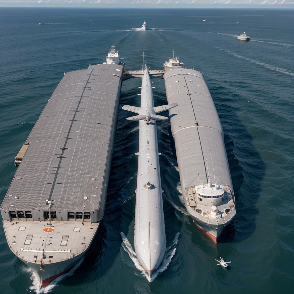 rounded saucer-shaped A600 aircraft, gray color, in flight above a large cargo ship, the airship delivers a container to the boat by cable, open sea background, sunny 