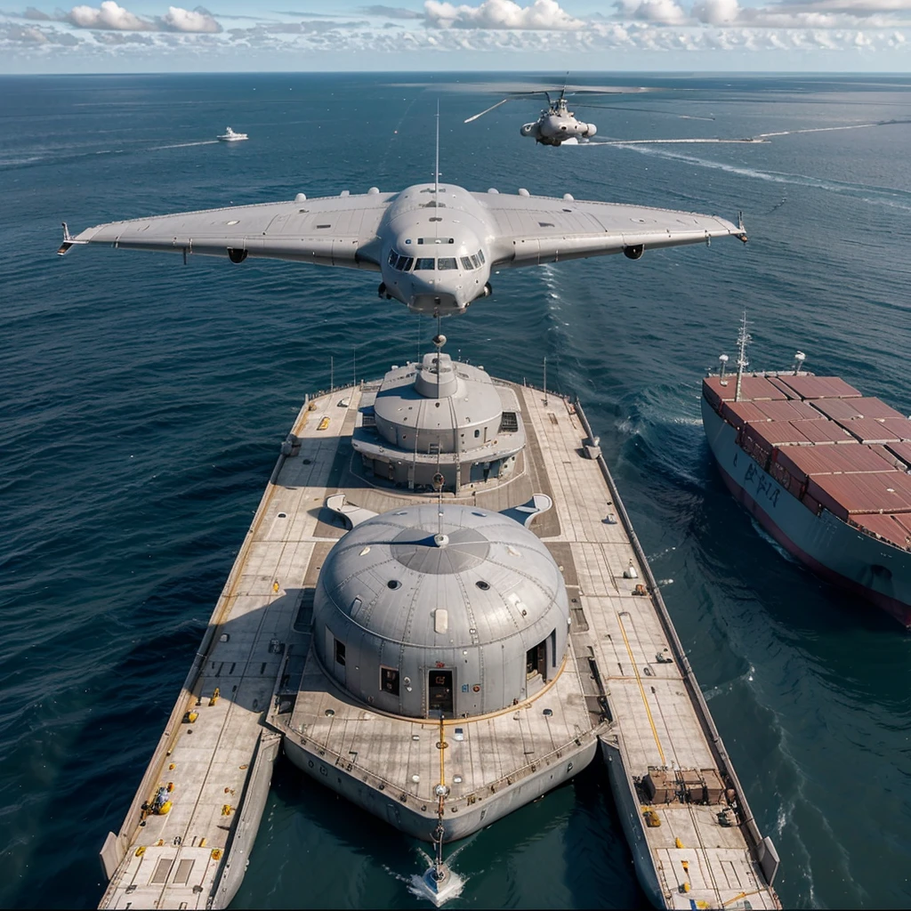 rounded saucer-shaped A600 aircraft, gray color, in flight above a large cargo ship, the airship delivers a container to the boat by cable, open sea background, sunny
