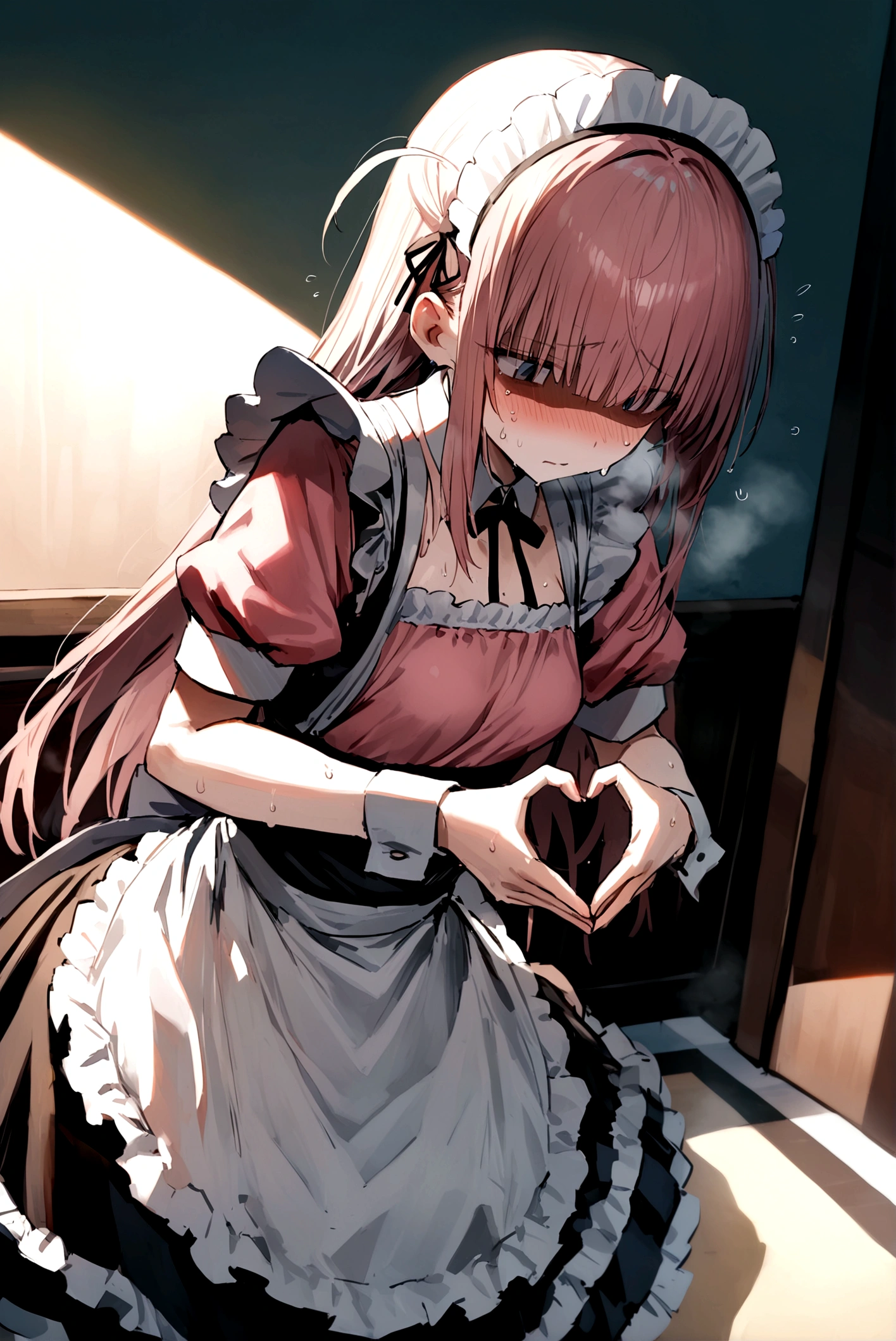 1girl, solo, red hair, twintails, hat, long hair, messy hair, heart shaped pupils, cum on face, facial