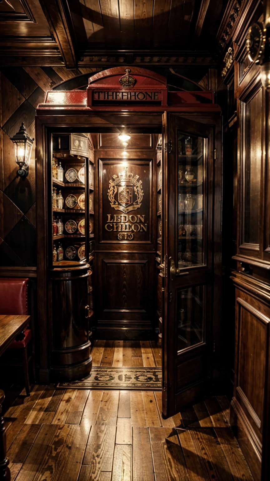 intricate detailed london bar interior, football themed decor, classic red telephone booth, coats of arms on walls, moody dramatic lighting, vintage wooden furniture, warm cozy atmosphere, photorealistic, 8k, ultra-detailed, cinematic lighting, highly realistic, masterpiece