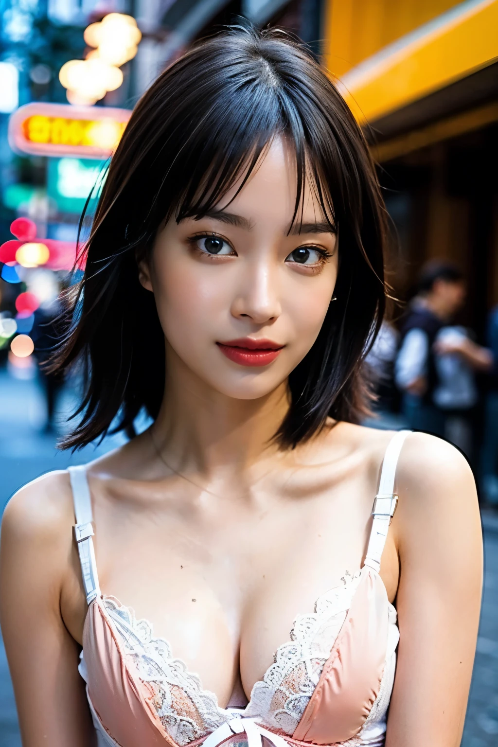 masterpiece, high quality,16K,8K,beautiful,Get used to it,Exquisite,extremely Get used to it, finely Get used to it, high quality, insanely Get used to it, ultra Get used to it, Ultra-high resolution, high quality, beautiful face, Japanese, Browsing Caution,(lingerie:1.3),Wet,She is short,A woman holds her breasts with both hands, Rainy night、Illuminated by the neon lights of the bustling downtown area.,Shiny skin,Detail Skin,It gives me goosebumps,A small smile