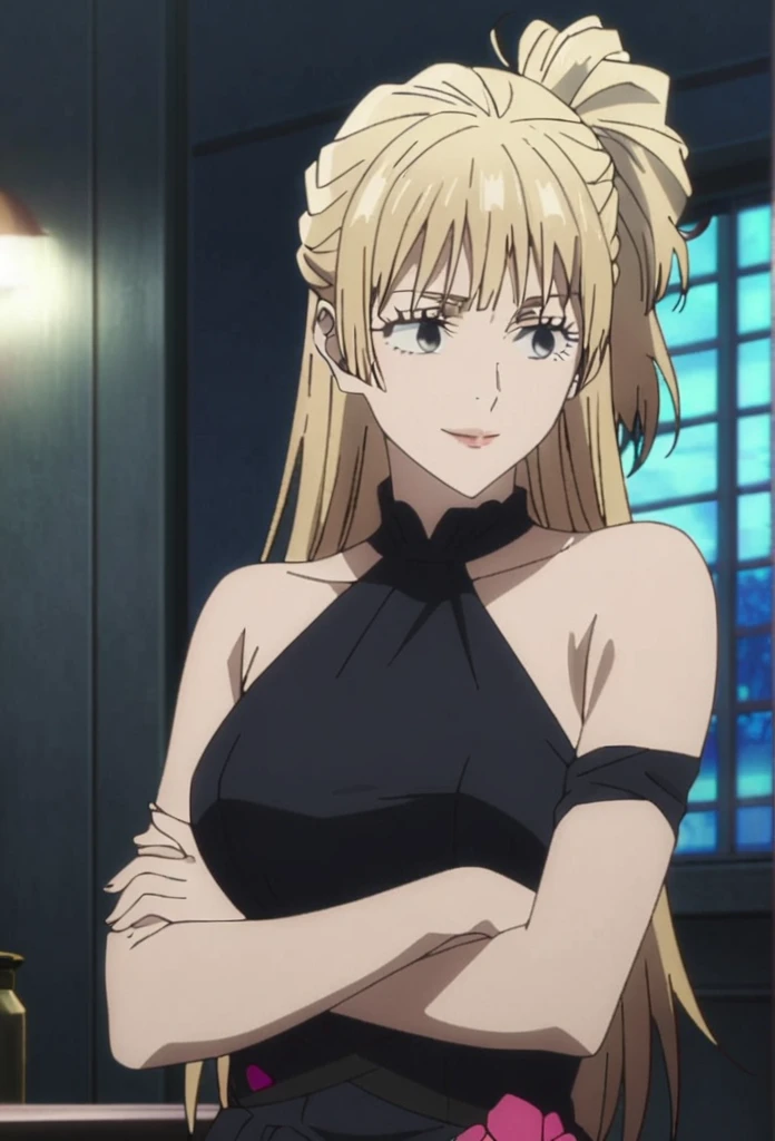 1girl, female gojo satoru, anime screencap from jujutsu kaisen, gojo satoru female version, solo, long_hair, black eyes ((blonde_hair)), night view, breasts, upper_body, smile, indoors, book, bangs, blue_eyes, lips , ((her hairstyle : The character in the image has long straight blonde hair)) wearing black color party dress, bare shoulder, breast, "very detailed and high resolution" (black eyes) ((cross arms)) ((long hair)) ((solo))