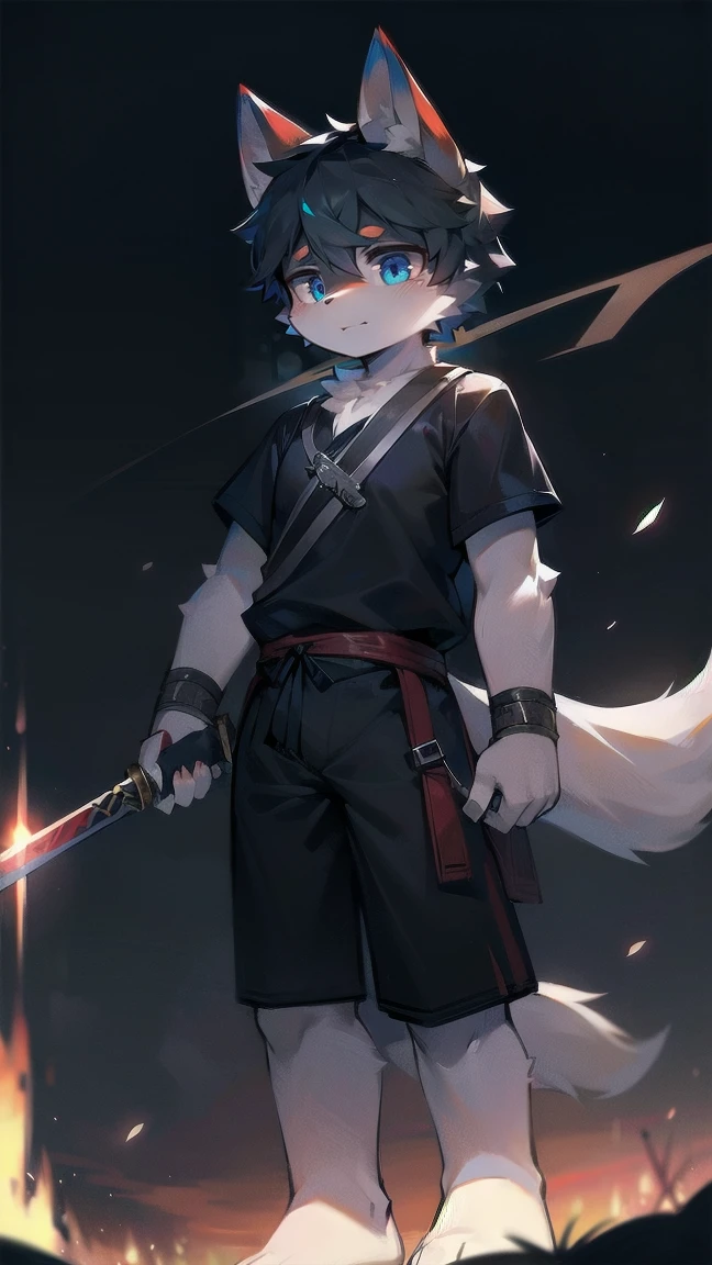 White Wolf,black hair,Sky blue eyes,hairy,Wolf ears,Wolf tail,Full body portrait,The character is in the center of the frame,Handsome,Confident eyes,male,juvenile,Black and white combat uniform,Red neck bib,Black shorts,Short sleeve,hairy arms and legs,Dark background,Dark battlefield,dawn,sunrise,dawn,illumination,shadow,Swordsman,Scabbard and sword,Hold the hilt of a sword in your hand,The scabbard is at the waist,Highest quality