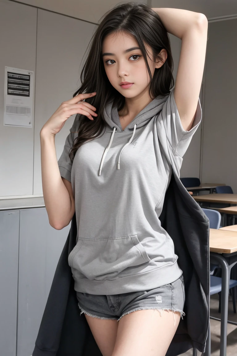 deux femmes ensemble de 18 ans sexy et mince , gray short sleeve hoodie , salle de classe, se touche,position sey,sensuel