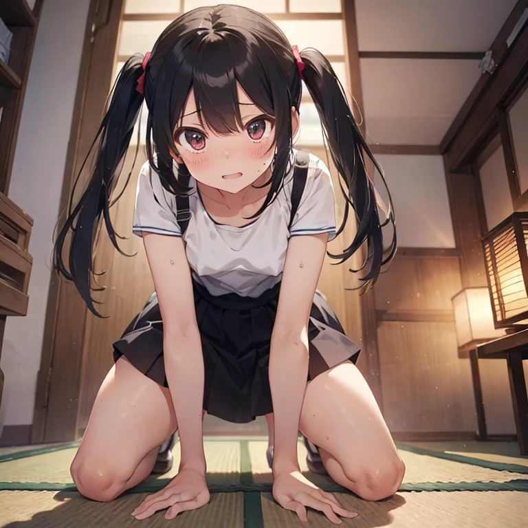 from below, nipples, sweat,  girls, small breast, embarrassed, indoor, shoji, tatami, slim legs, slim girl, from below, girl bend over kneeling, (masterpiece:1.2), highest quality, High resolution, black hair, Perfect lighting, Highly detailed CG, (Perfect hands, Perfect Anatomy)