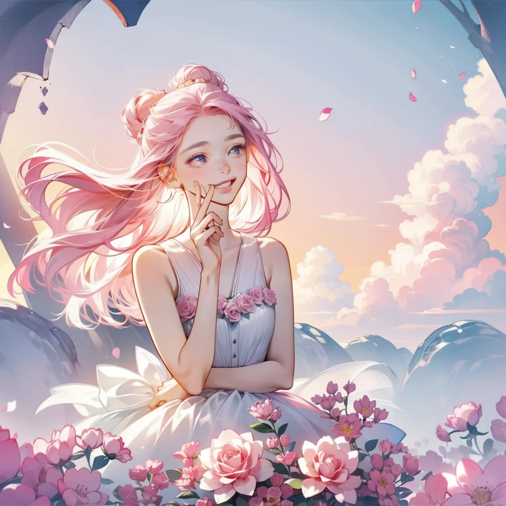One girl,flower, Lisianthus ,Pale pinkと淡い青のスタイル, A dreamy, romantic piece, Pale pink, Mysterious Leaves, A playful arrangement,Fantasy, High Contrast, Ink strokes, explosion, Exposure, Impression of purple and red tones , Abstract, ((Watercolours by John Berkey and Jeremy Mann )) Brush strokes, Negative Space,