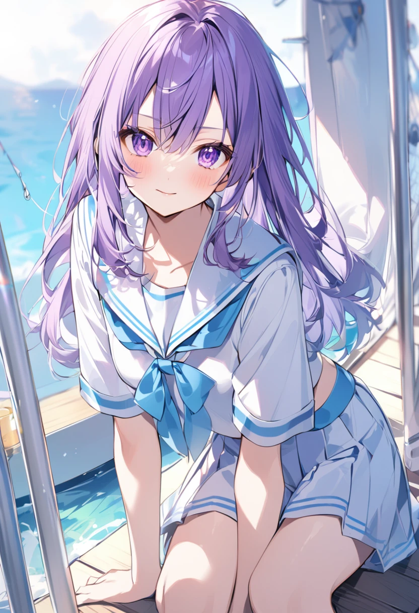 Keito。Purple Eyes。Purple Hair。Sailor suit。Boat。