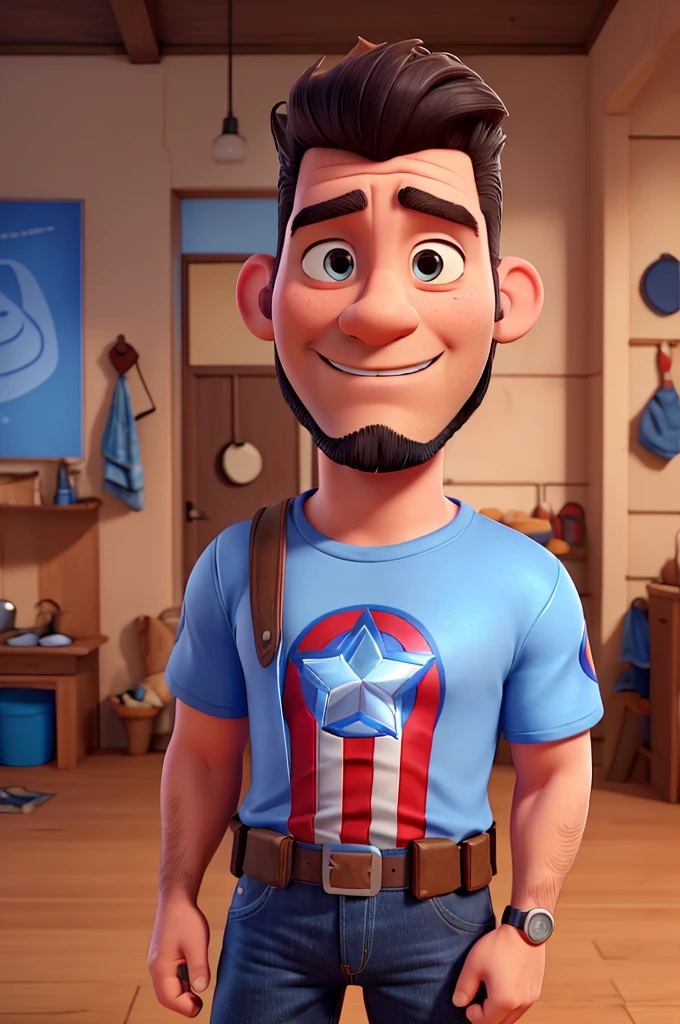 white man, 40 years old, with a bad goatee, pompadour hair, blue Captain America t-shirt, jeans, black sneakers, High definition, 3D Pixar Style, with a shy smile

