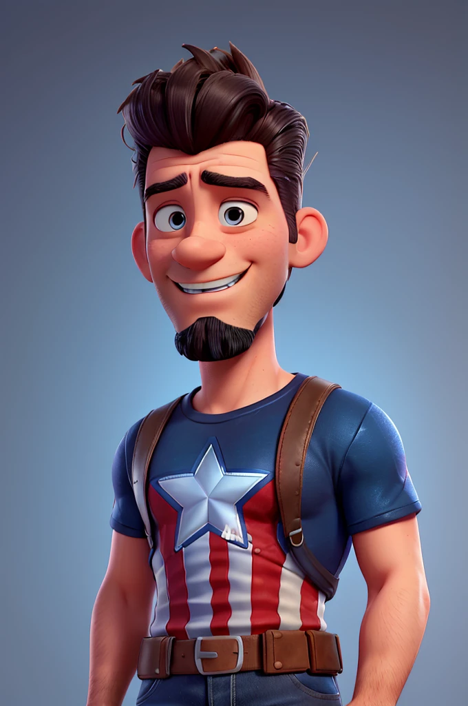 white man, 40 years old, with a bad goatee, pompadour hair, blue Captain America t-shirt, jeans, black sneakers, High definition, 3D Pixar Style, with a shy smile

