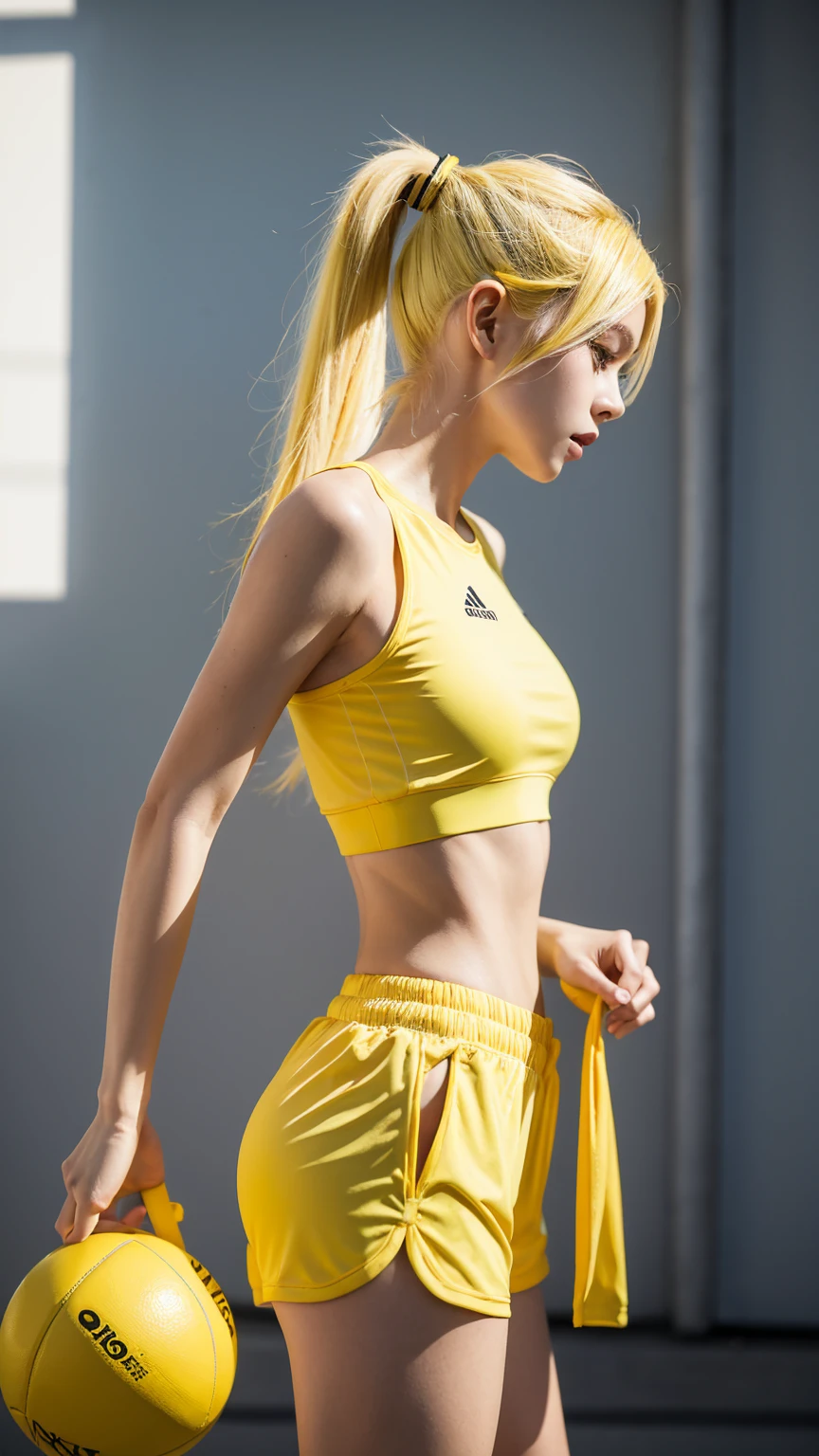 1 babe, yellow hair, ponytail, parted lips, sport outfits, sport shorts, slim body