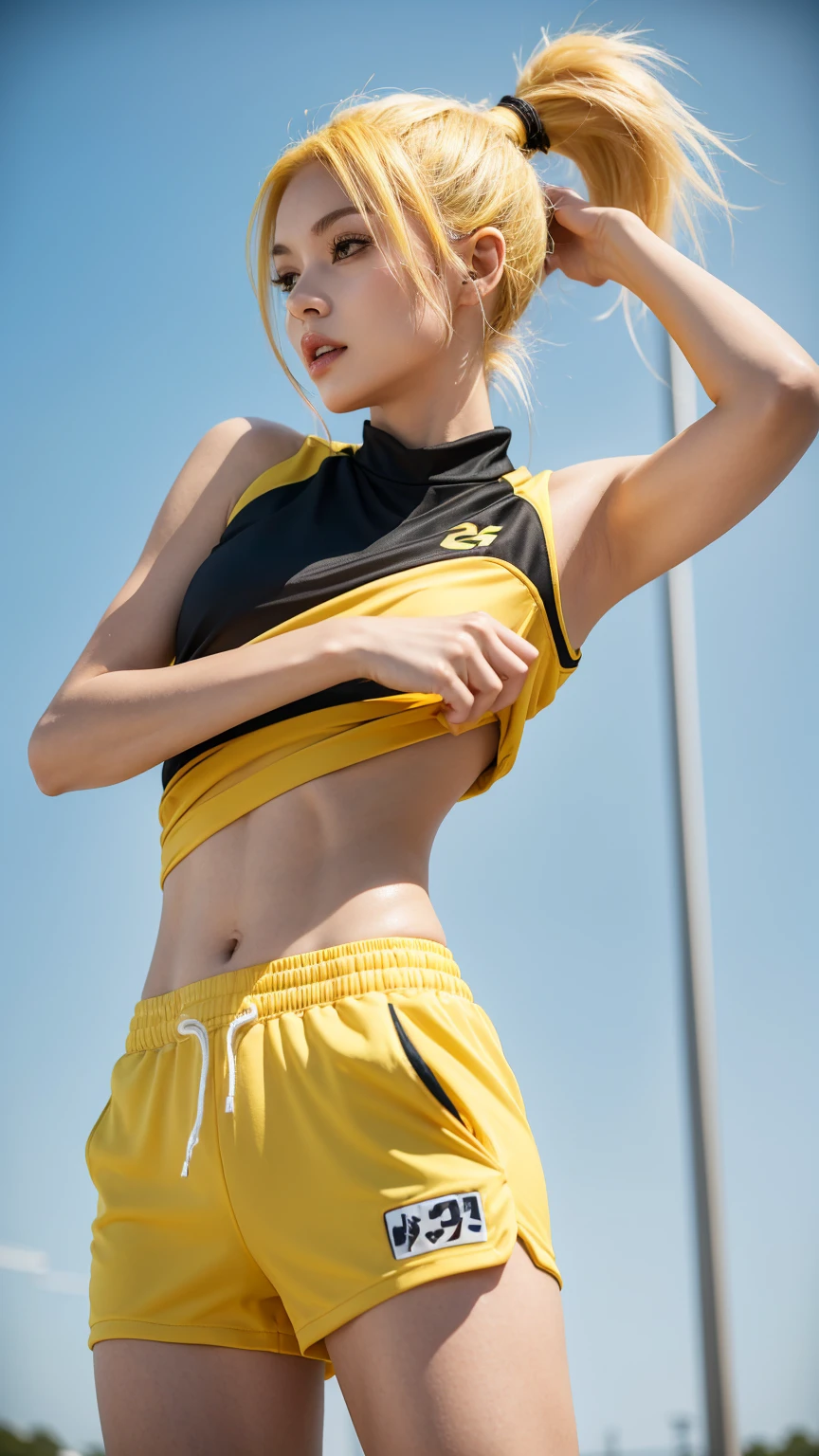 1 babe, yellow hair, ponytail, parted lips, sport outfits, sport shorts, slim body